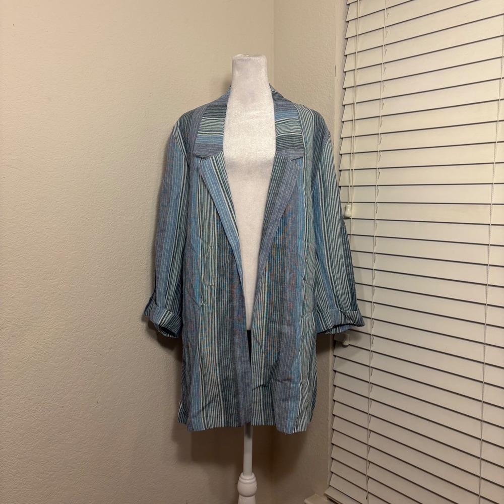 Banjara Blue Striped Linen Blend Open Front Duster Longline Blazer Beach Boho XL